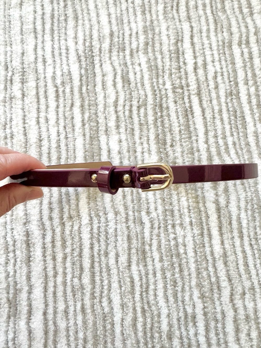 Ann Taylor Burgundy Oxblood Purple Patent Skinny Belt Gold Dome Studs Sz XS NWT